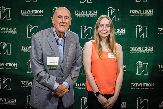 Angeline Parker (left) is pictured with Jim Skelton, son of Luther Skelton, at Northwest's Powering Dreams celebration of donors and scholars in September. (Northwest Missouri State University photo)